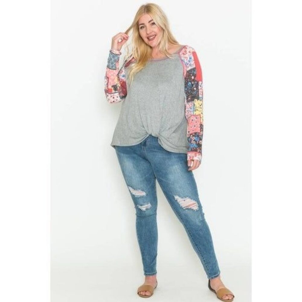 Plus Size Colorful Patchwork Long Sleeve Top 3X